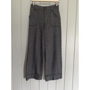 Elevenses Pants 0 Gray Herringbone Wide Leg Cuffed Belted Cotton Blend Gray Y2K